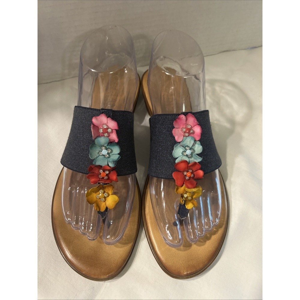 Italian Shoemakers Julliet Sandals Denim  Stretch Leather Flowers SZ 9 Italy